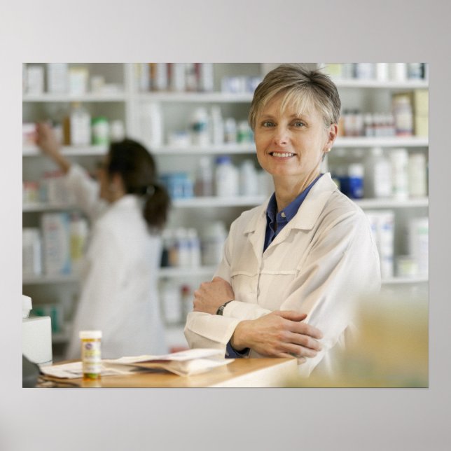 Pharmacists at counter of retail pharmacy poster (Front)