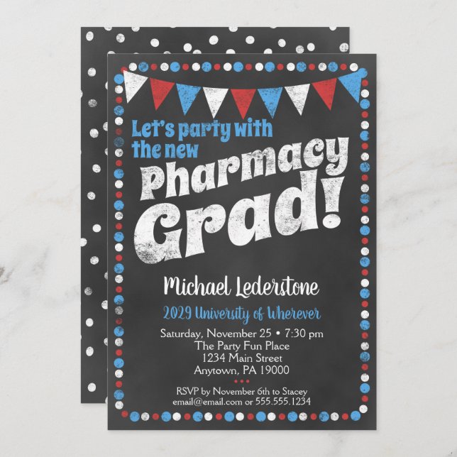 Pharmacy Graduation Party Invitation Red Blue (Front/Back)