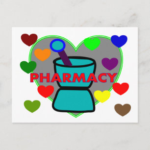 "PHARMACY"  Multi Colour Hearts Postcard