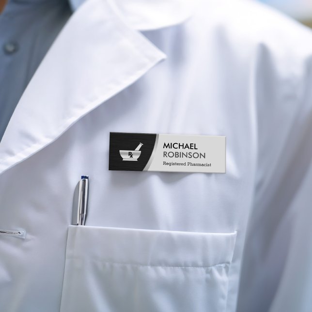 Pharmacy Pharmacist Logo Modern Black Silver Name Tag (Creator Uploaded)