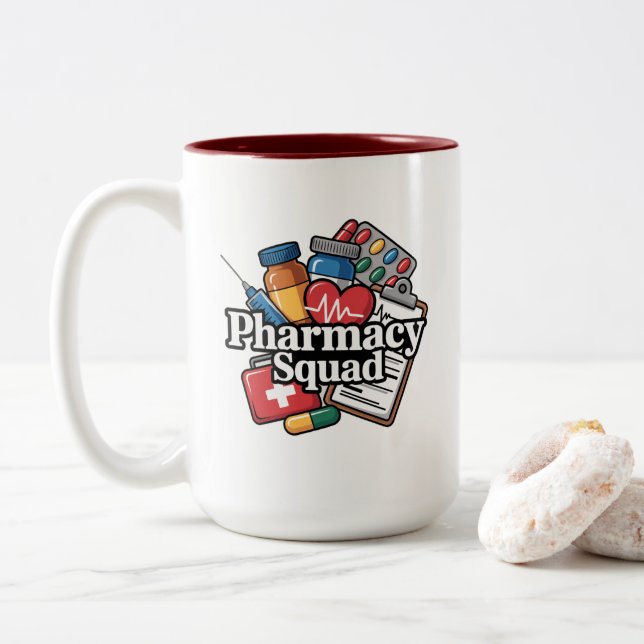 'Pharmacy Squad'. Two-Tone Coffee Mug (With Donut)