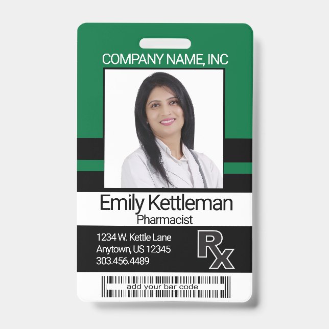 Pharmacy Technician Photo Badge - Green and Black (Front)