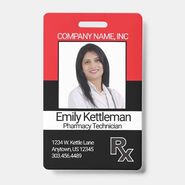 Pharmacy Technician Photo Badge - Red and Black (Front)