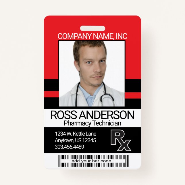 Pharmacy Technician Photo Badge - Red and Black (Front)