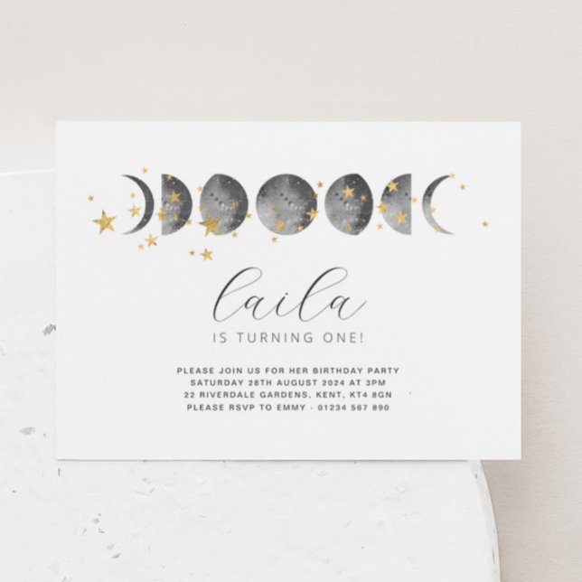 Phases Lune Gold Stars Anniversaire Invitation (Créateur téléchargé)