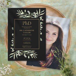 Phd Degree Black And Gold Foliage Photo Graduation Invitation