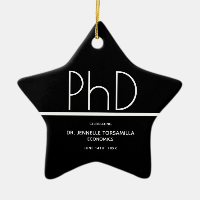 PhD degree Black Keepsake Graduation Ceramic Ornament (Front)