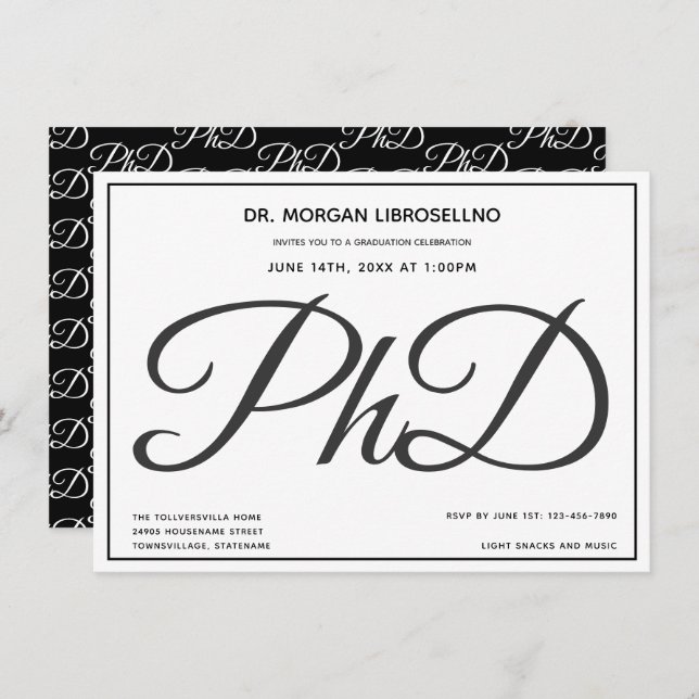PhD degree Black White Graduation Party Invitation (Front/Back)