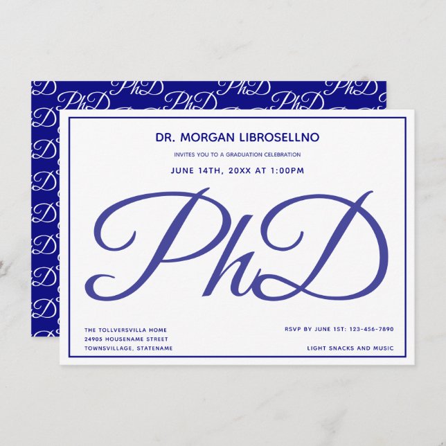 PhD degree Blue White Graduation Party Invitation (Front/Back)