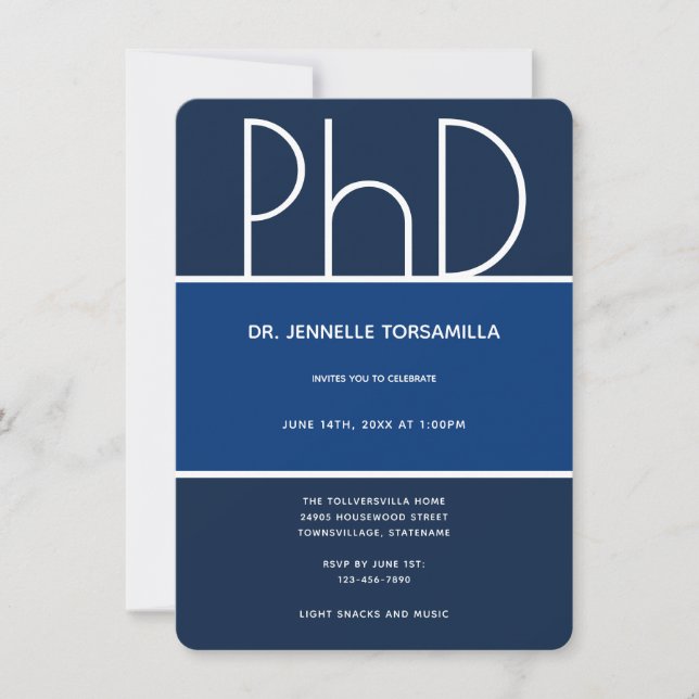 PhD degree Blue White Vertical Graduation Party Invitation (Front)