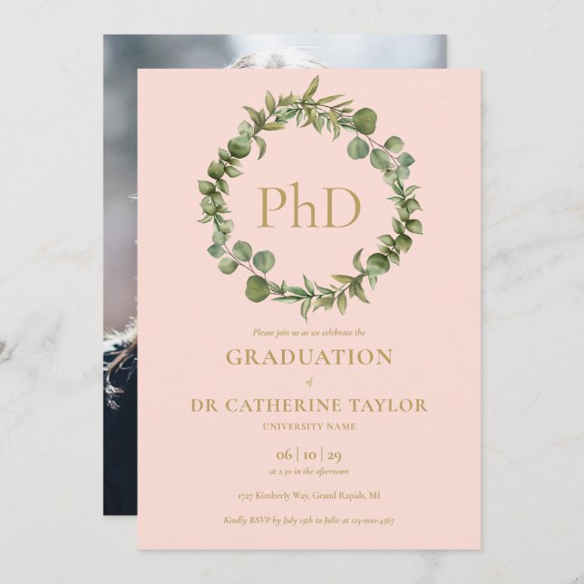 PhD Degree Blush Pink Garland Photo Graduation Invitation (Front/Back)