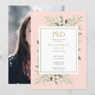 Phd Degree Blush Pink Greenery Photo Graduation Invitation
