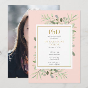 Phd Degree Blush Pink Greenery Photo Graduation Invitation