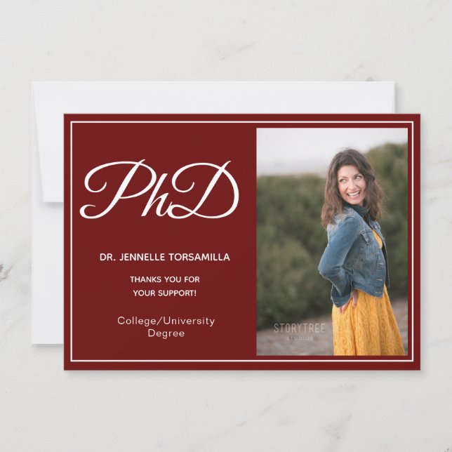 PhD degree Burgundy White Photo Script Graduation Announcement (Front)