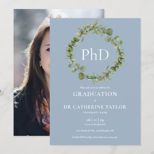PhD Degree Dusty Blue Garland Photo Graduation Invitation