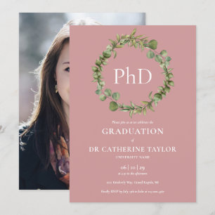 PhD Degree Dusty Rose Garland Photo Graduation Invitation