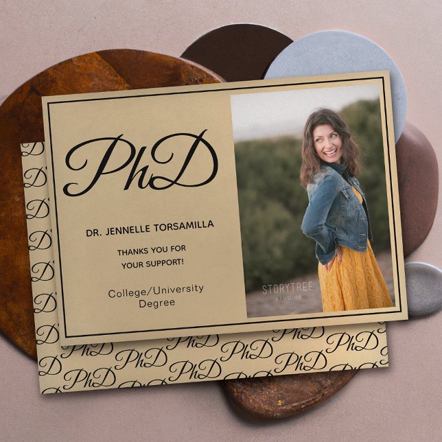PhD degree Gold Black Photo Script Graduation Announcement (Creator Uploaded)