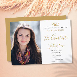 PhD Degree Gold Script Graduation Party Photo Invitation