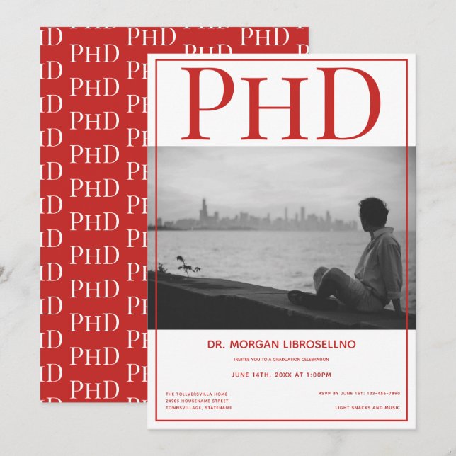 PhD degree Graduate Photo Red Graduation Party Invitation (Front/Back)