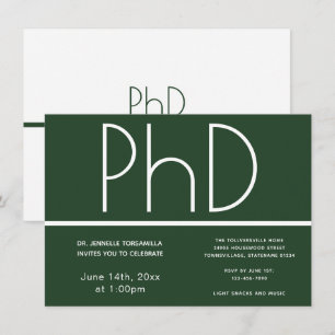 PhD degree Green White Graduation Party Invitation