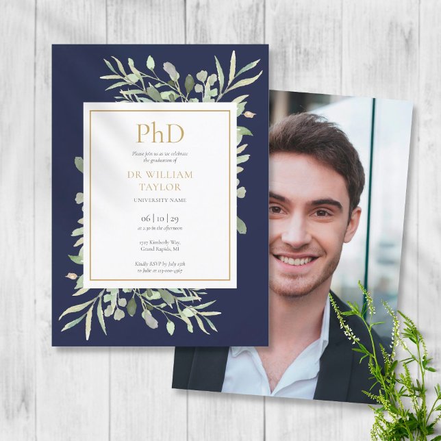 Phd Degree Greenery Navy Blue Photo Graduation Invitation (Creator Uploaded)