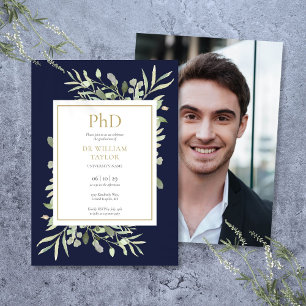 Phd Degree Navy Blue Greenery Photo Graduation Invitation