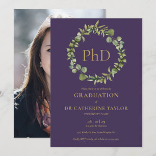 PhD Degree Purple Garland Photo Graduation Party Invitation