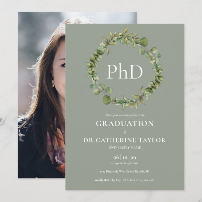 PhD Degree Sage Garland Photo Graduation Party Invitation (Front/Back)