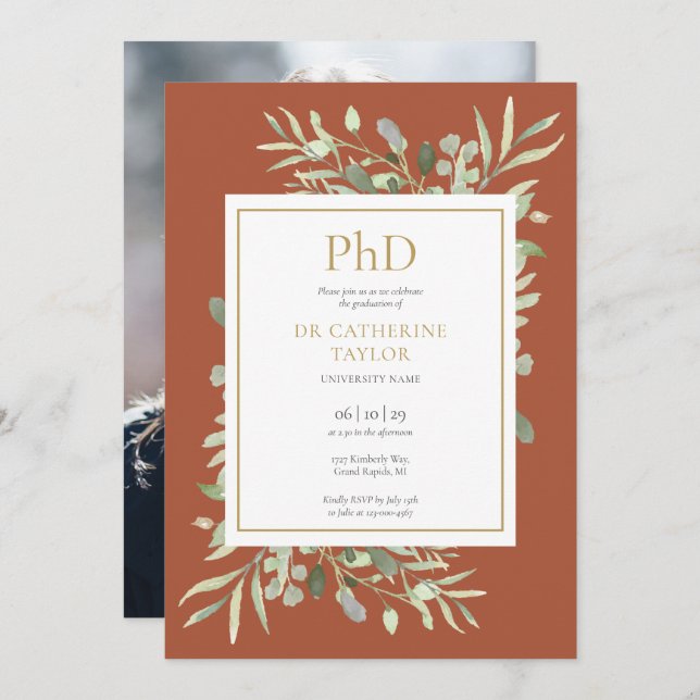 Phd Degree Terracotta Greenery Photo Graduation Invitation (Front/Back)