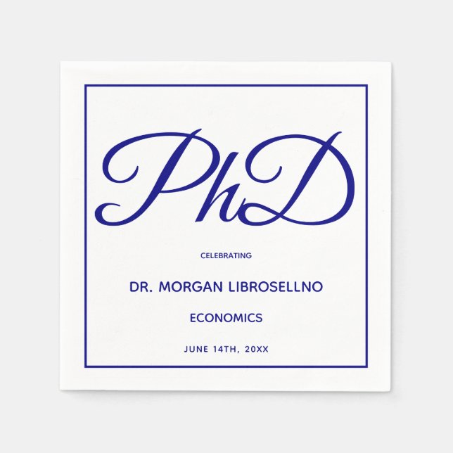 PhD degree White Blue Graduation Party Napkins (Front)
