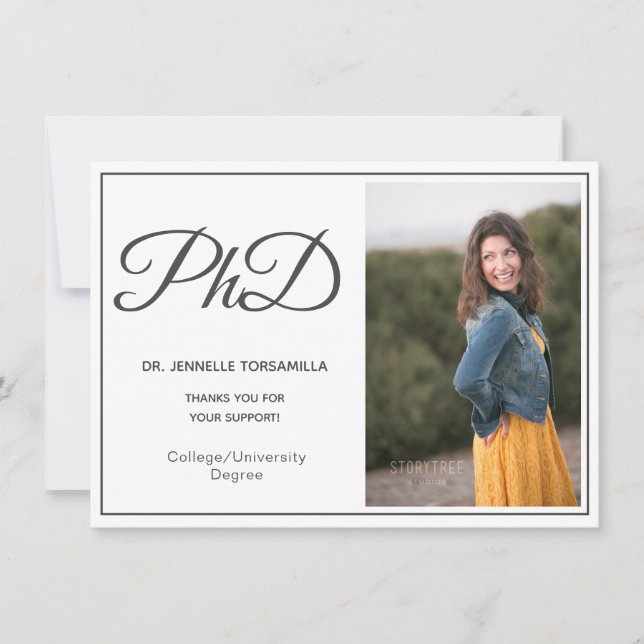 PhD degree White Grey Script Graduation Announcement (Front)