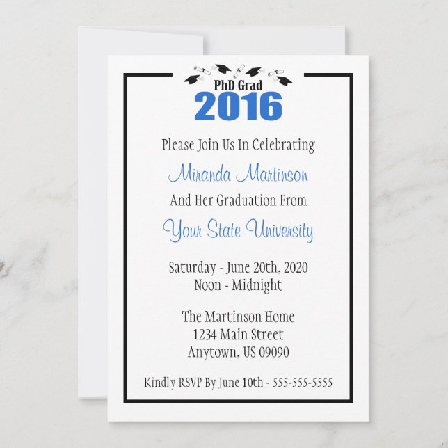 PhD Grad 2016 Graduation Invitation (Casquettes bl (Devant)