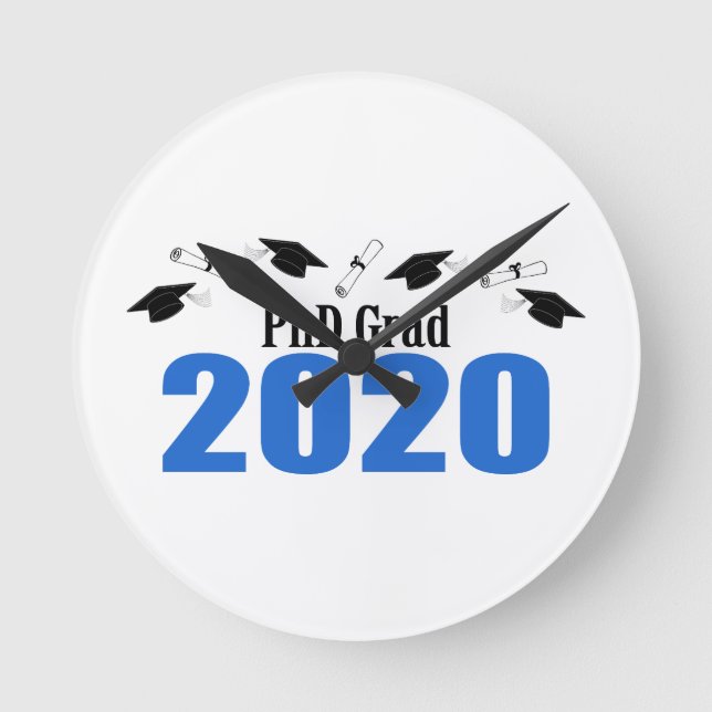 PhD Grad 2020 Caps And Diplomas (Blue) Round Clock (Front)