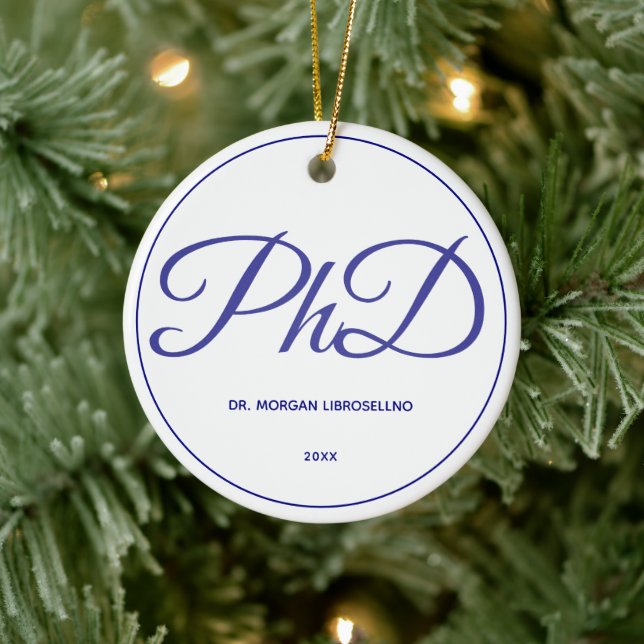 PhD Graduation White Blue Name Year Ceramic Ornament (Tree)