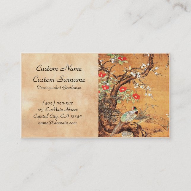 Pheasant and camellia oriental chinese ink art business card (Front)
