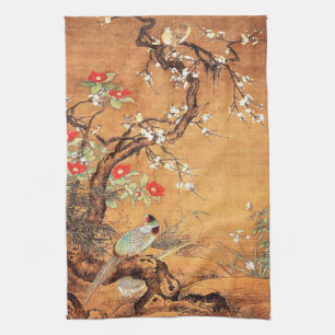 Pheasant and camellia oriental chinese ink art kitchen towel
