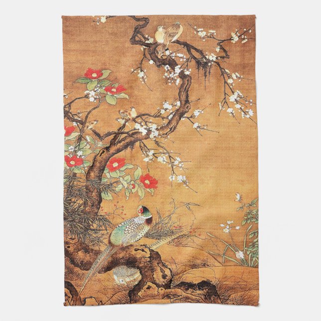 Pheasant and camellia oriental chinese ink art kitchen towel (Vertical)