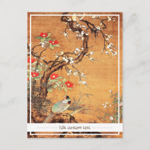 Pheasant and camellia oriental chinese ink art postcard