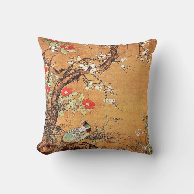Pheasant and camellia oriental chinese ink art throw pillow (Front)