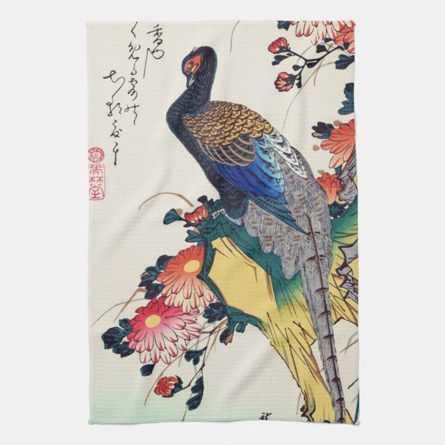 Pheasant and chrysanthemum, Hiroshige, Ukiyo-e Kitchen Towel (Vertical)