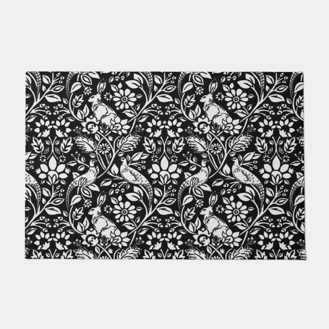 Pheasant and Hare Pattern, Black and White  Doormat (Front)
