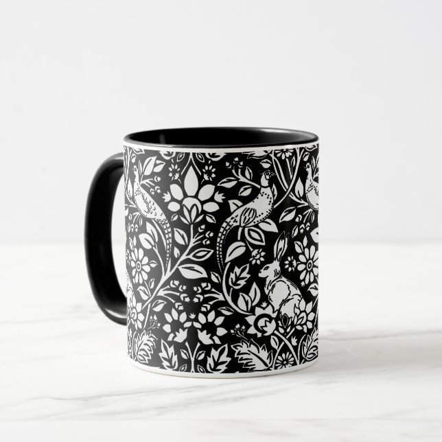 Pheasant and Hare Pattern, Black and White Mug (Front Left)