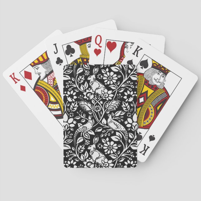 Pheasant and Hare Pattern, Black and White Playing Cards (Back)