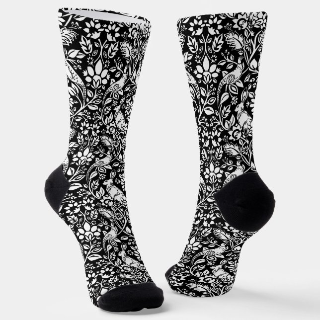 Pheasant and Hare Pattern, Black and White  Socks (Angled)