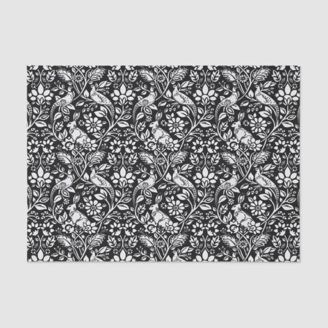 Pheasant and Hare Pattern, Black and White  Tissue Paper (Front)