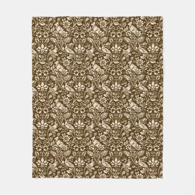Pheasant and Hare Pattern, Brown and Beige Fleece Blanket (Front)