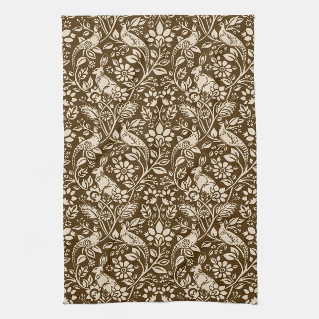 Pheasant and Hare Pattern, Brown and Beige  Kitchen Towel (Vertical)