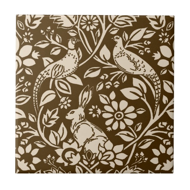 Pheasant and Hare Pattern,  Brown and Cream Tile (Front)