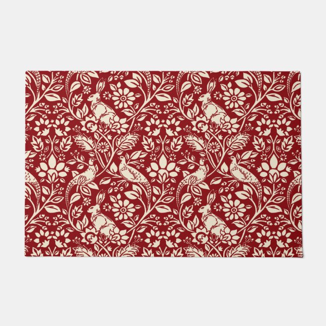 Pheasant and Hare Pattern, Deep Red and Cream Doormat (Front)