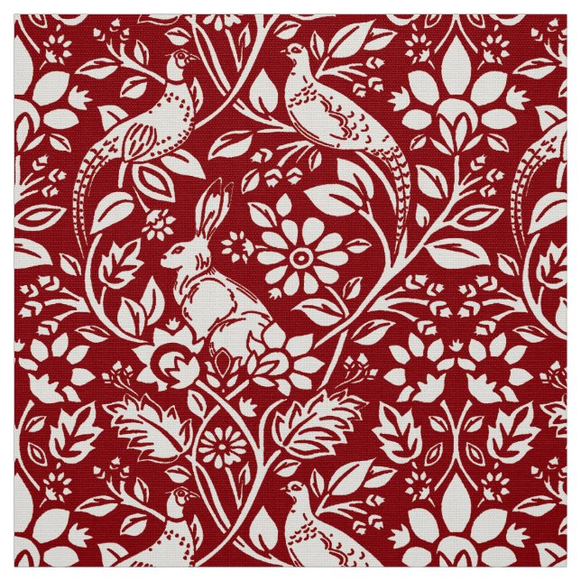 Pheasant and Hare Pattern, Deep Red and Cream Fabric (Swatch)